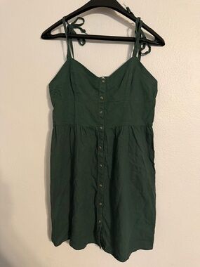 Aerie “babydoll” Green Linen Blend Button Front Mini Dress Tie Strap size Medium